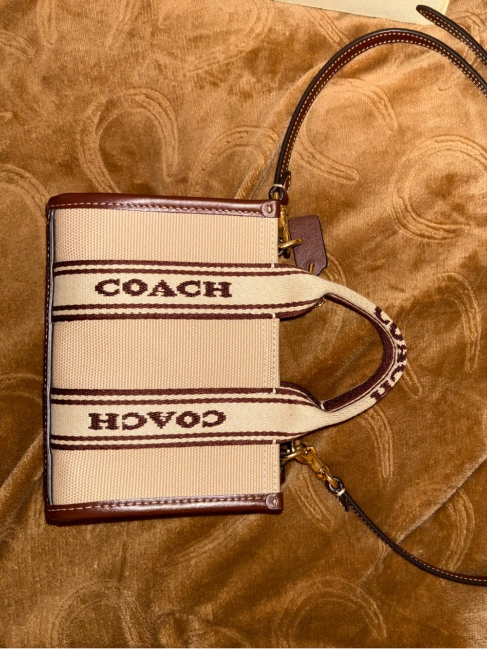 Coach Beige Canvas Mini Satchel with Brown Leather Trim